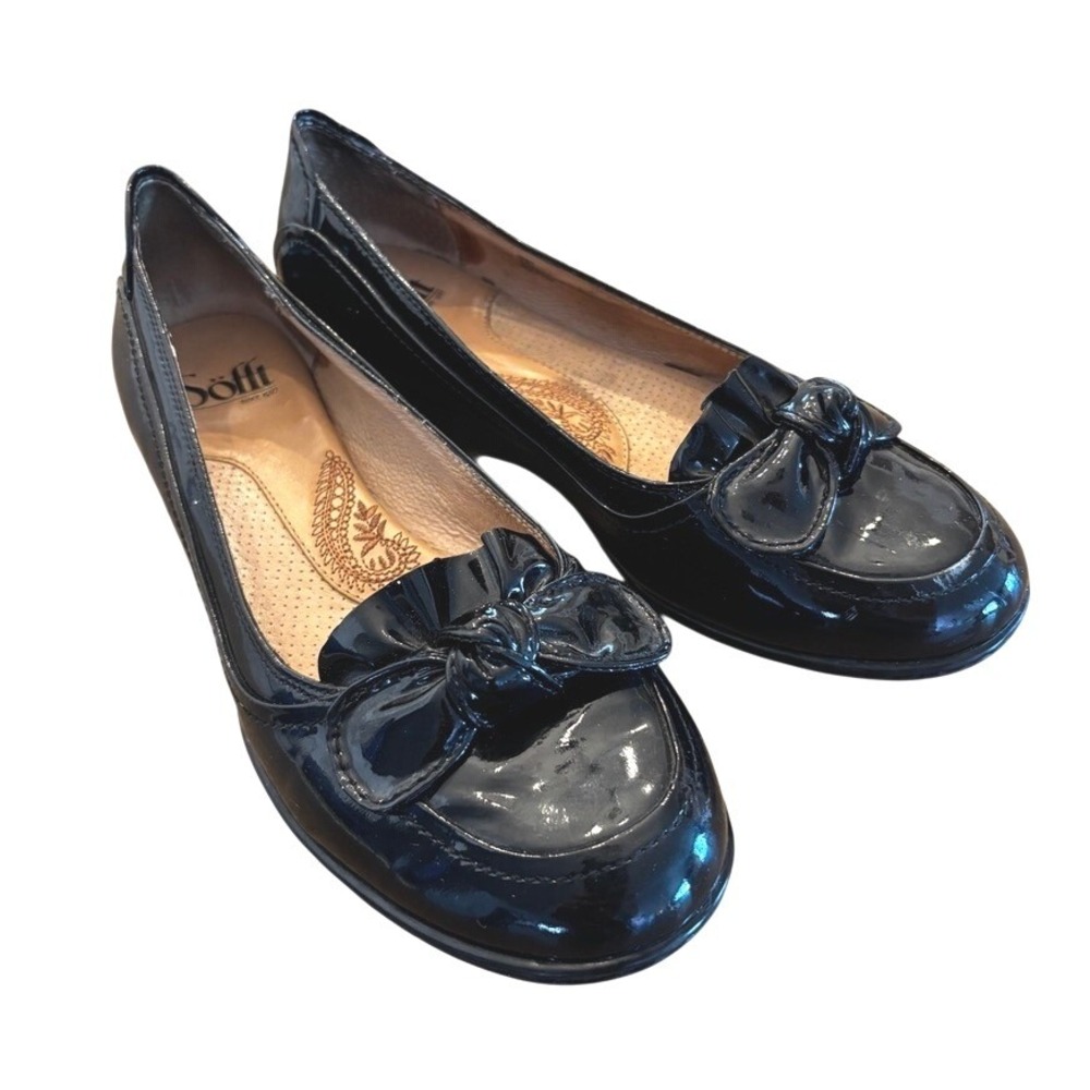 Sofft Black‎ Patent Leather Bow Loafers Womens 8.5M Low Wedge Slip On Shoes